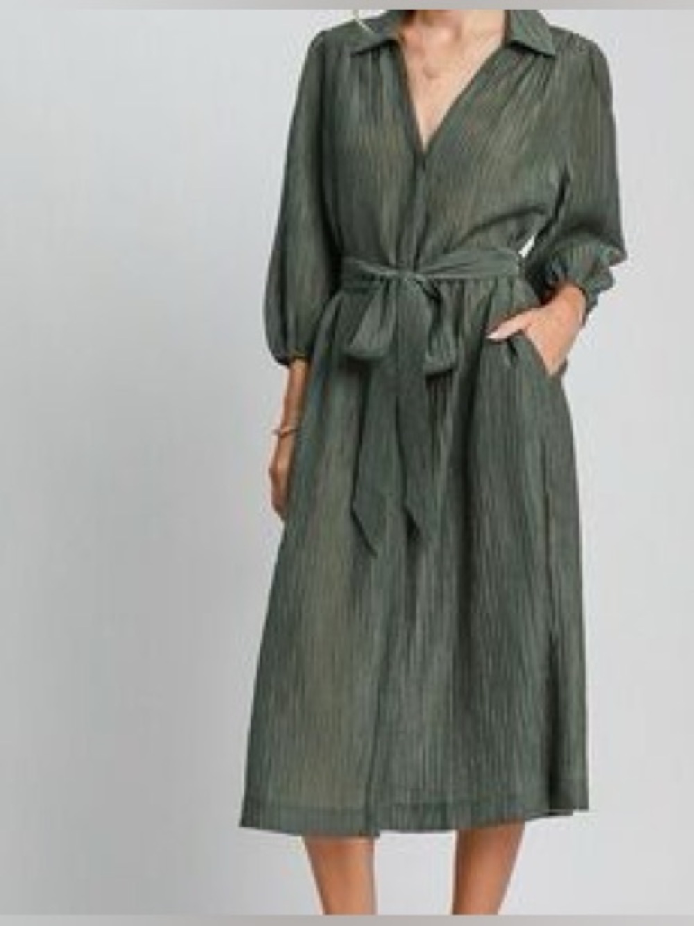 Umgee Olive Green Crinkle Tie-Waist Midi Dress, Size S, Great Condition
